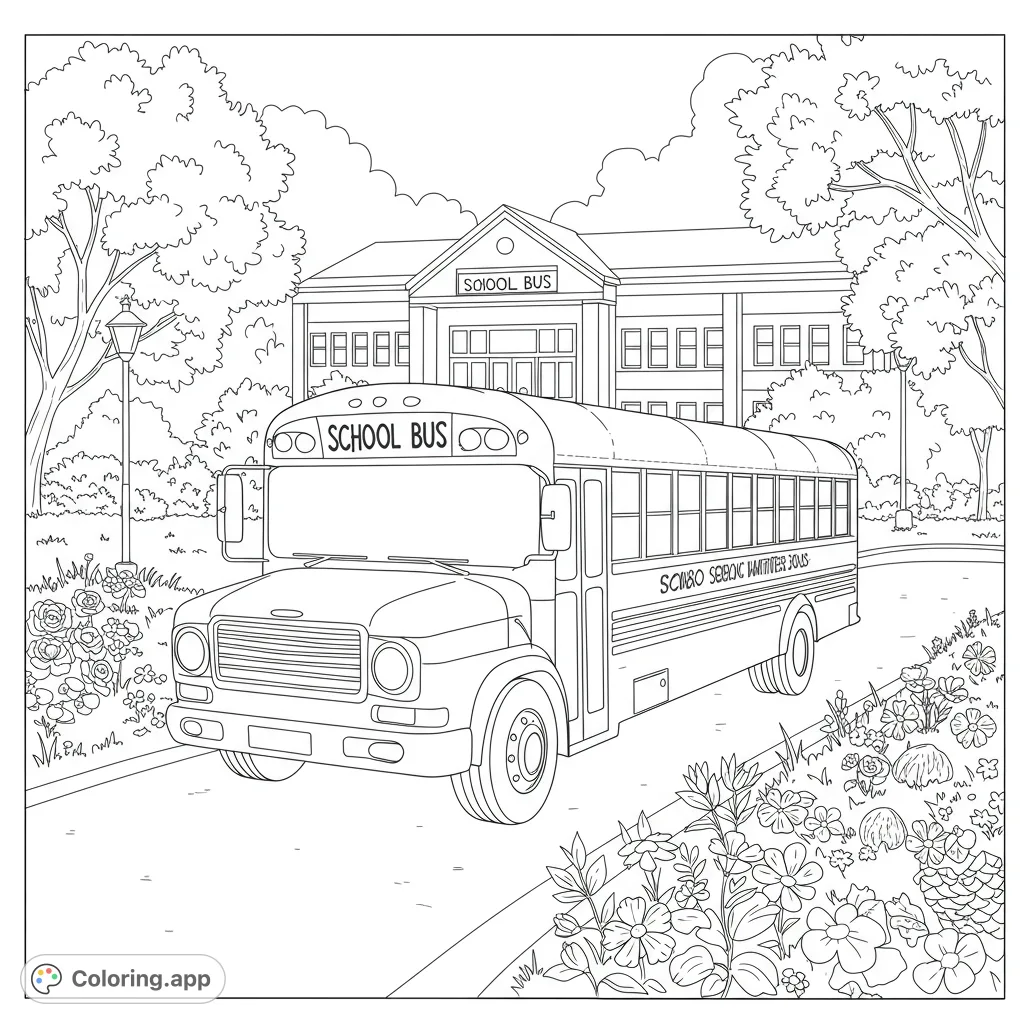 A classic school bus parked in front of a detailed school building, surrounded by lush trees and vibrant flower beds. Perfect for back-to-school fun!