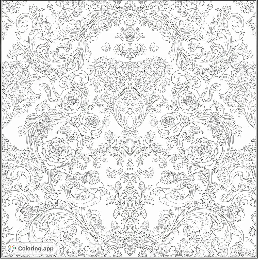 An exquisite baroque floral pattern coloring page featuring intricate roses, delicate leaves, and elaborate rococo scrolls, perfect for detailed coloring.