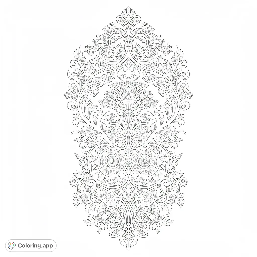 An exquisite symmetrical ornamental coloring page featuring intricate floral scrolls, delicate leaves, and ornate central motifs, perfect for detailed coloring.