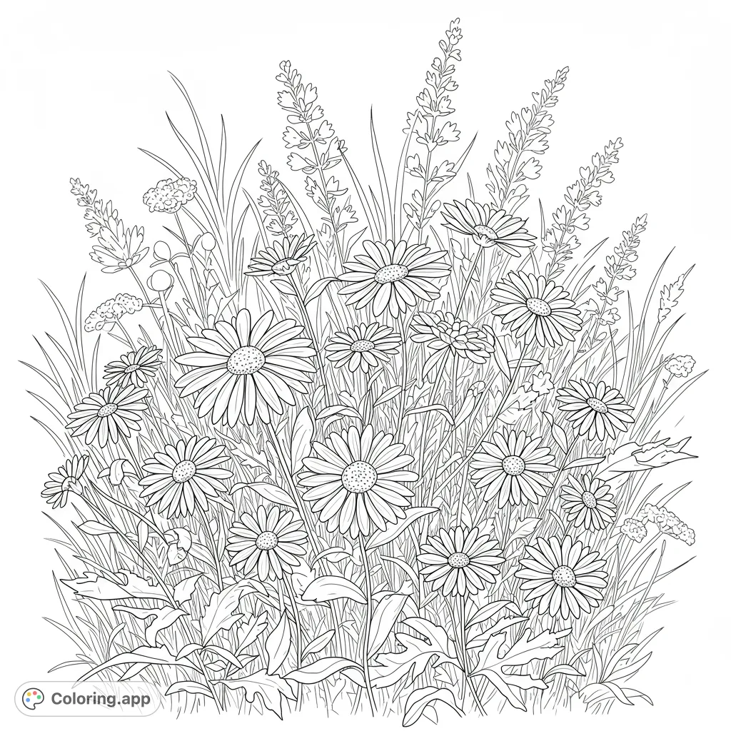 A beautiful wildflower meadow coloring page featuring daisies, lavender, and lush foliage. Perfect for nature lovers and a free printable coloring page.