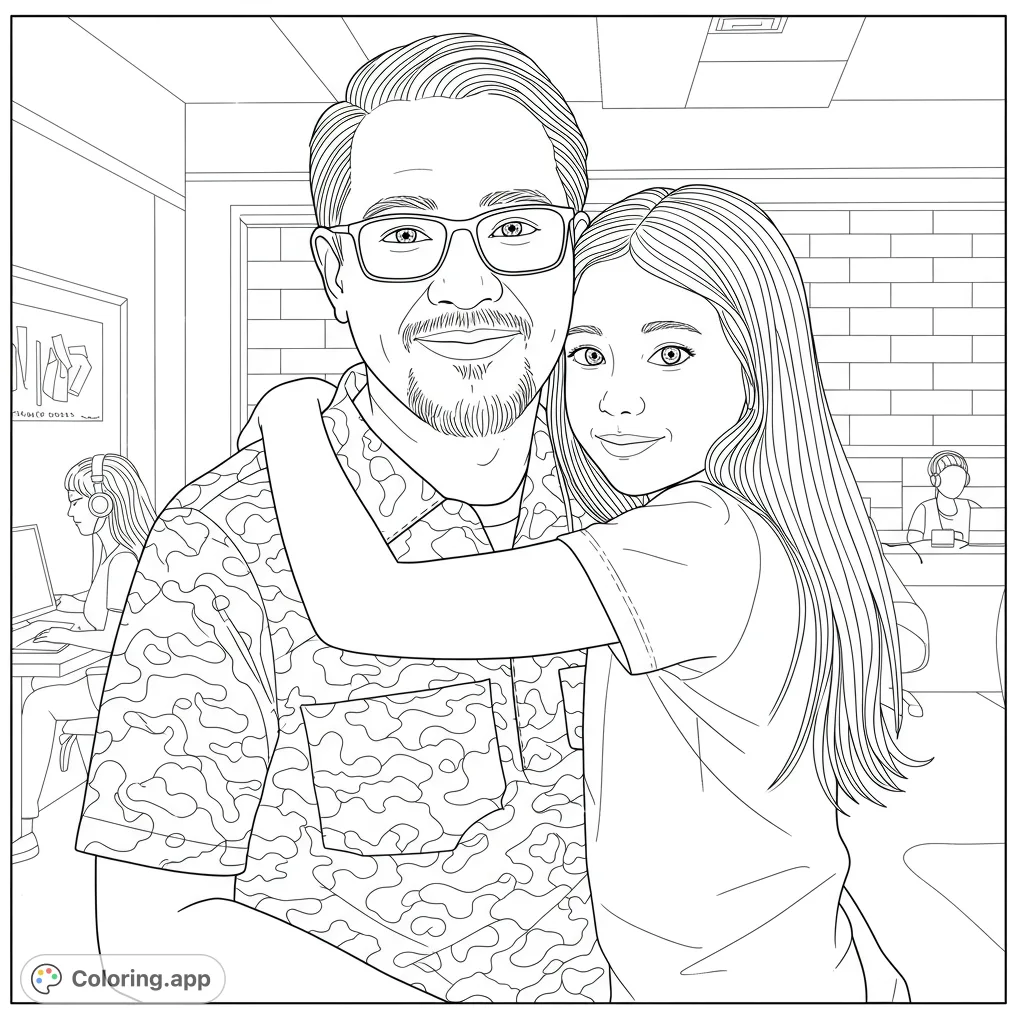 A heartwarming father-daughter hug in a cozy indoor setting, perfect for family-themed coloring pages for kids and adults.