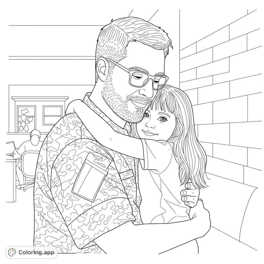 A heartwarming father-daughter embrace in a military homecoming scene. This free printable family coloring page captures love and connection.