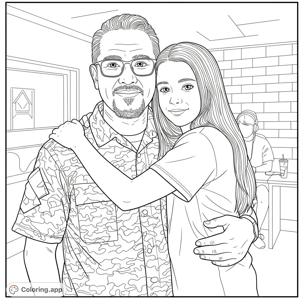 A heartwarming father-daughter embrace in a detailed line art portrait, perfect for a free printable family coloring page for all ages.