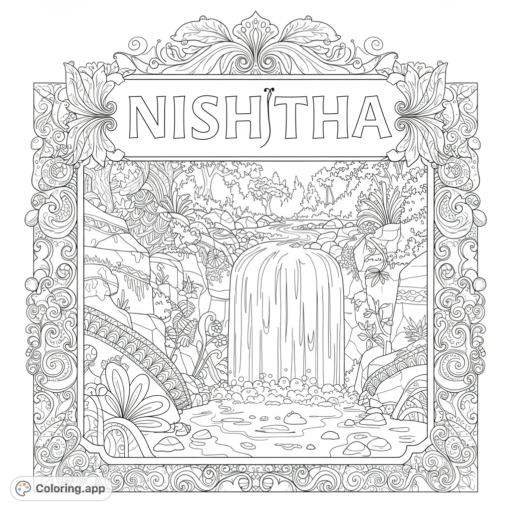 Discover a stunning waterfall scene framed by intricate floral and scrollwork patterns. A detailed nature escape for mindful coloring.