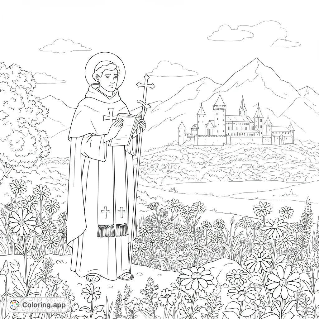 A serene religious coloring page featuring a saintly figure with a halo, holding a book and cross, amidst a vibrant field of flowers with a majestic castle and mountains in the background.