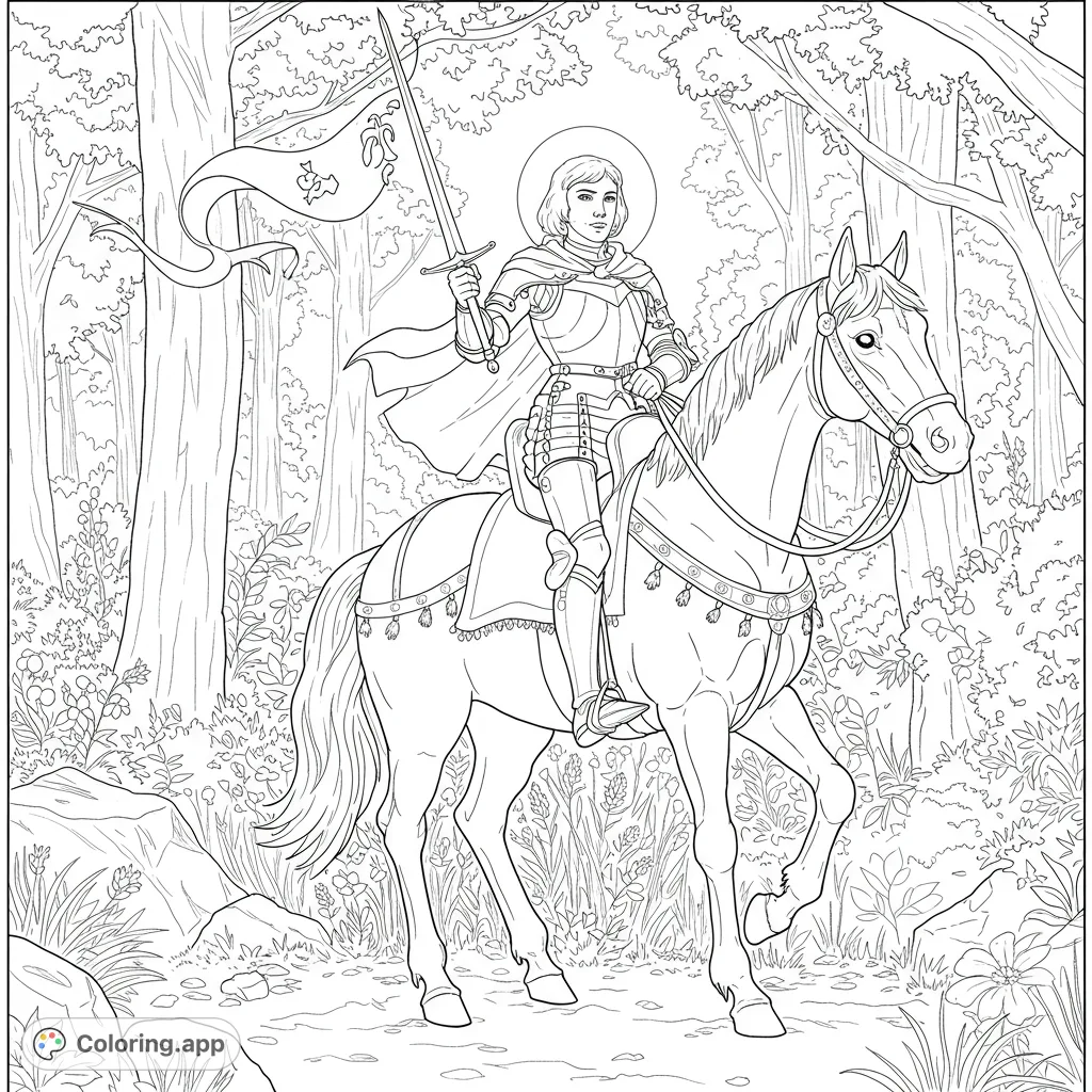 A valiant knight in full armor, sword raised, rides a majestic horse through a detailed forest. A free printable medieval fantasy coloring page.