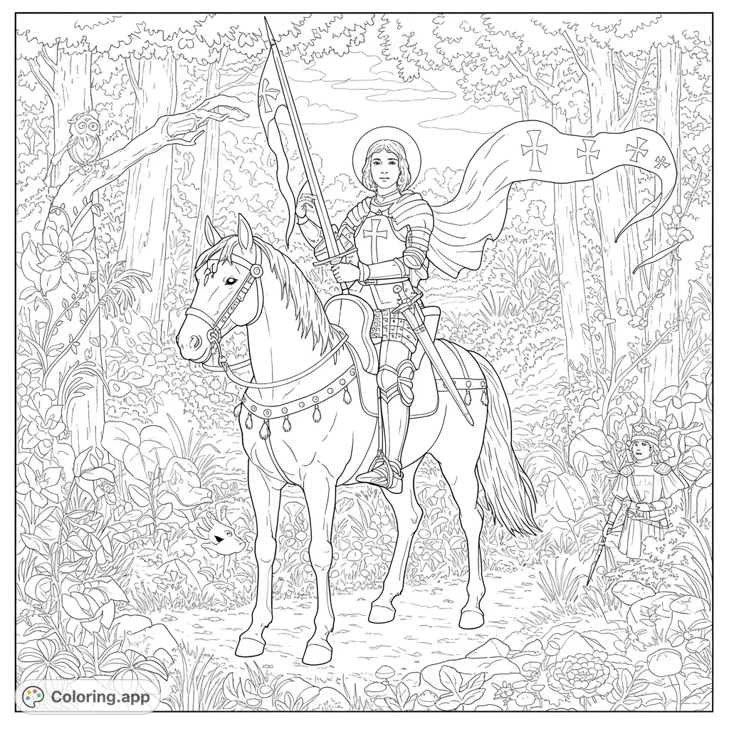 A valiant female knight on horseback, bearing a sword and banner, journeys through a detailed, enchanted forest with an owl and a small companion.