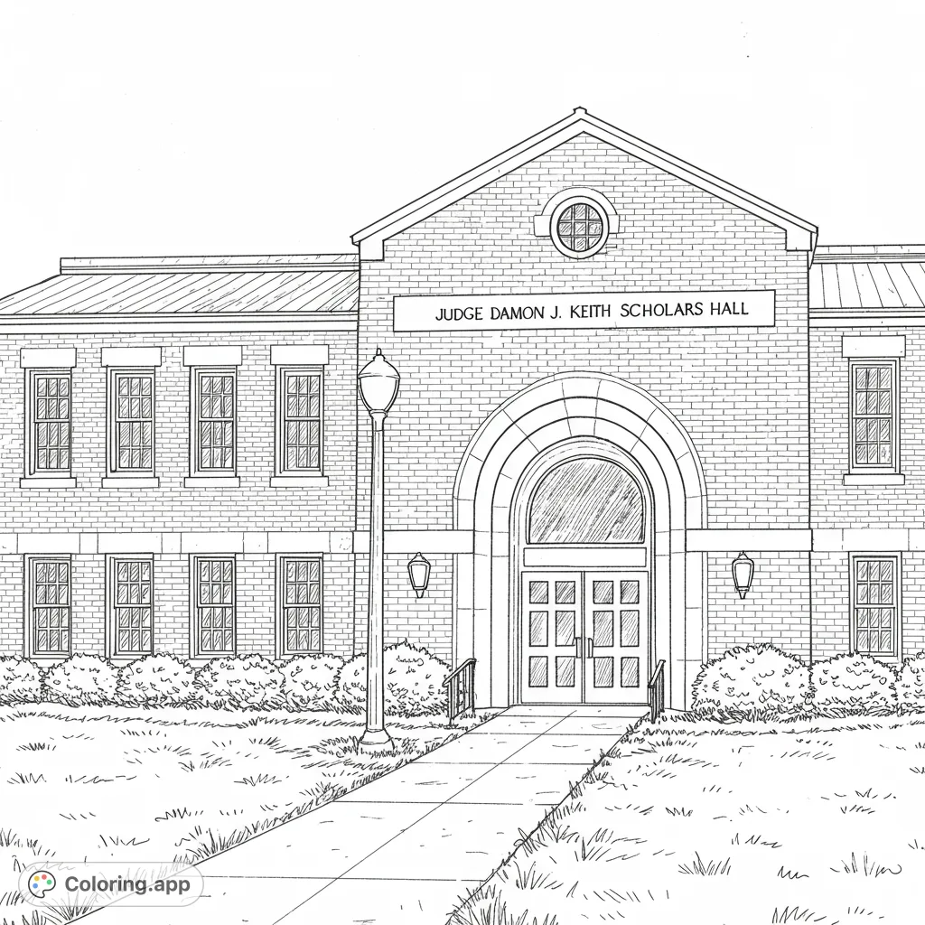 Color a grand brick building with an arched entrance, detailed windows, and lush landscaping. A free printable architectural building coloring page.