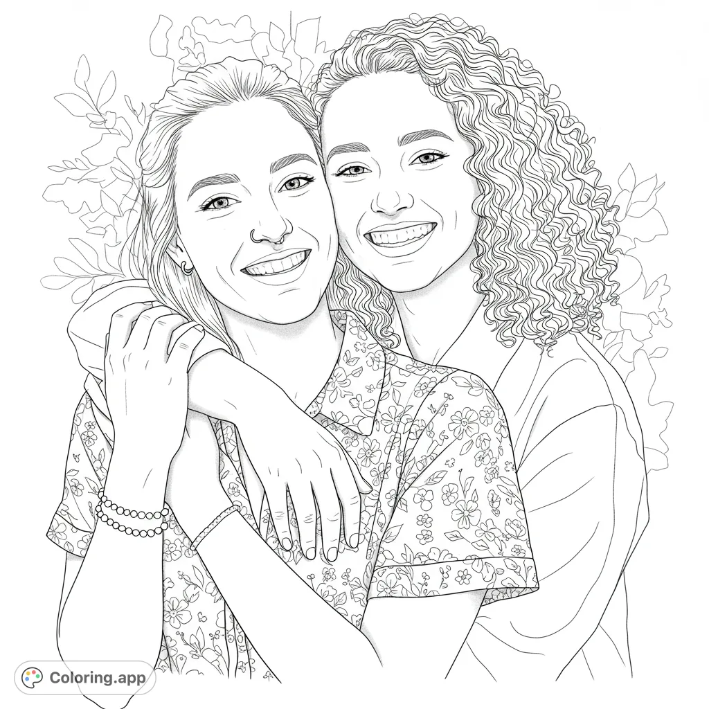 Two smiling women embracing, with detailed hair and a floral shirt, set against a delicate floral background. A heartwarming friendship coloring page.