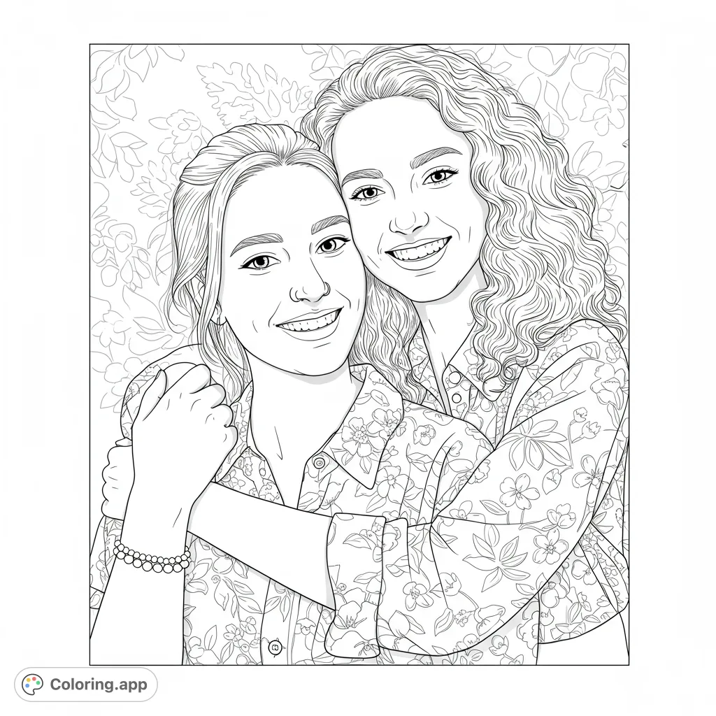 Two joyful women embracing, one with straight hair, the other with curly, both wearing detailed floral shirts against a subtle patterned background. A heartwarming friendship scene.
