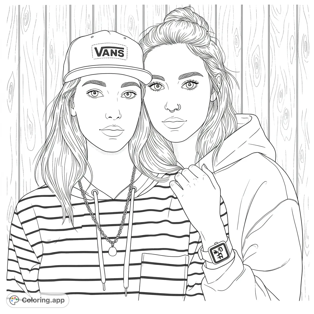 Two stylish young women, one in a baseball cap and striped hoodie, the other with a bun and nose ring, against a textured wooden wall.