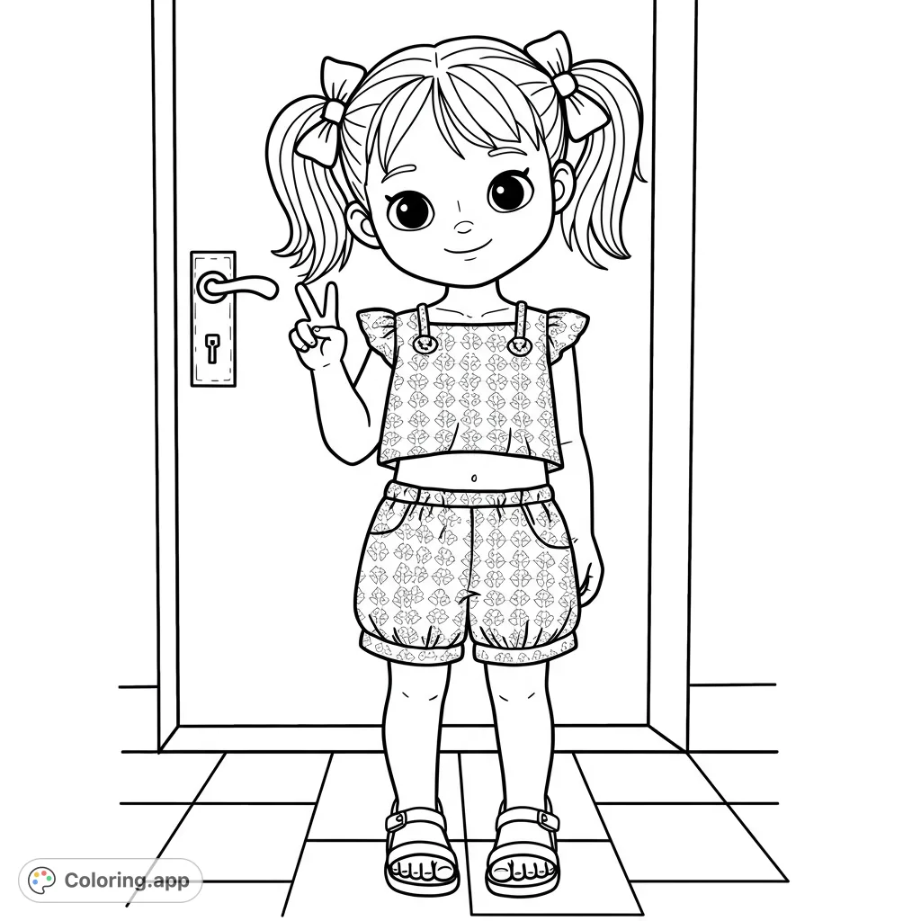 A cheerful girl with pigtails and a patterned outfit makes a peace sign in front of a door. A delightful free printable coloring page for kids.