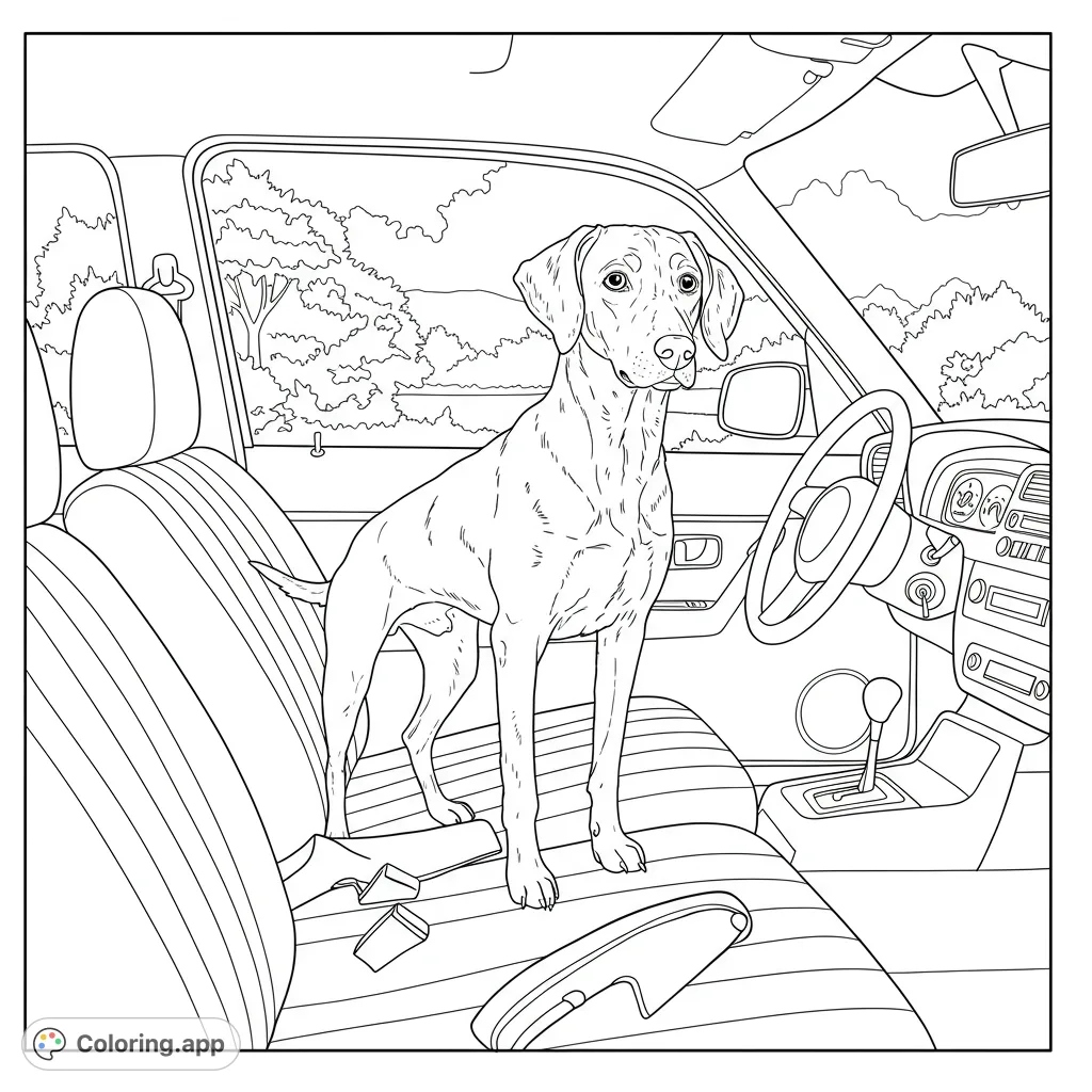 An adorable dog stands on the car's passenger seat, ready for adventure. A free printable dog coloring page for kids and adults.