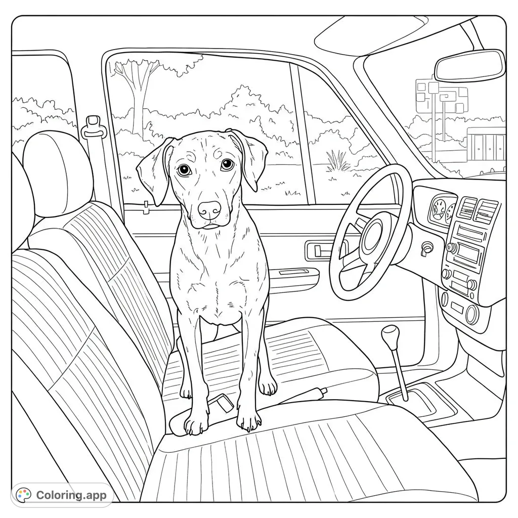 A loyal dog sits patiently in the front passenger seat of a car, ready for an adventure. Detailed interior and outdoor scenery await your colors.