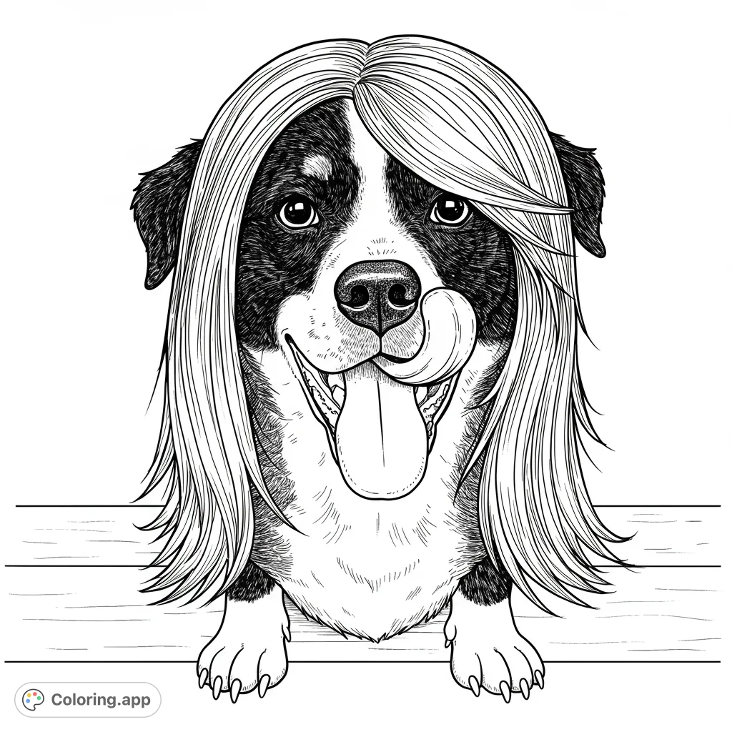 A joyful dog with long, flowing hair peeks over a wooden fence, tongue out. A unique and free printable dog coloring page for all ages.