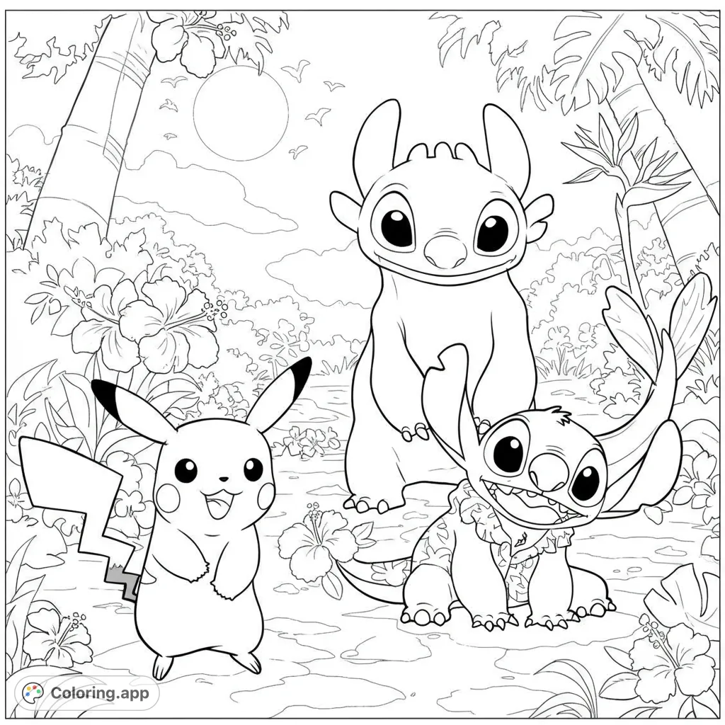 Join Pikachu, Stitch, and Angel in a fun tropical adventure! A free printable character coloring page for kids and adults, perfect for summer fun.