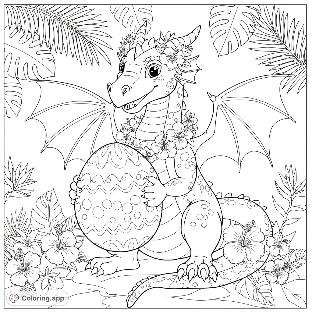 A charming dragon adorned with flowers holds a patterned egg amidst lush tropical foliage, perfect for a delightful coloring adventure.