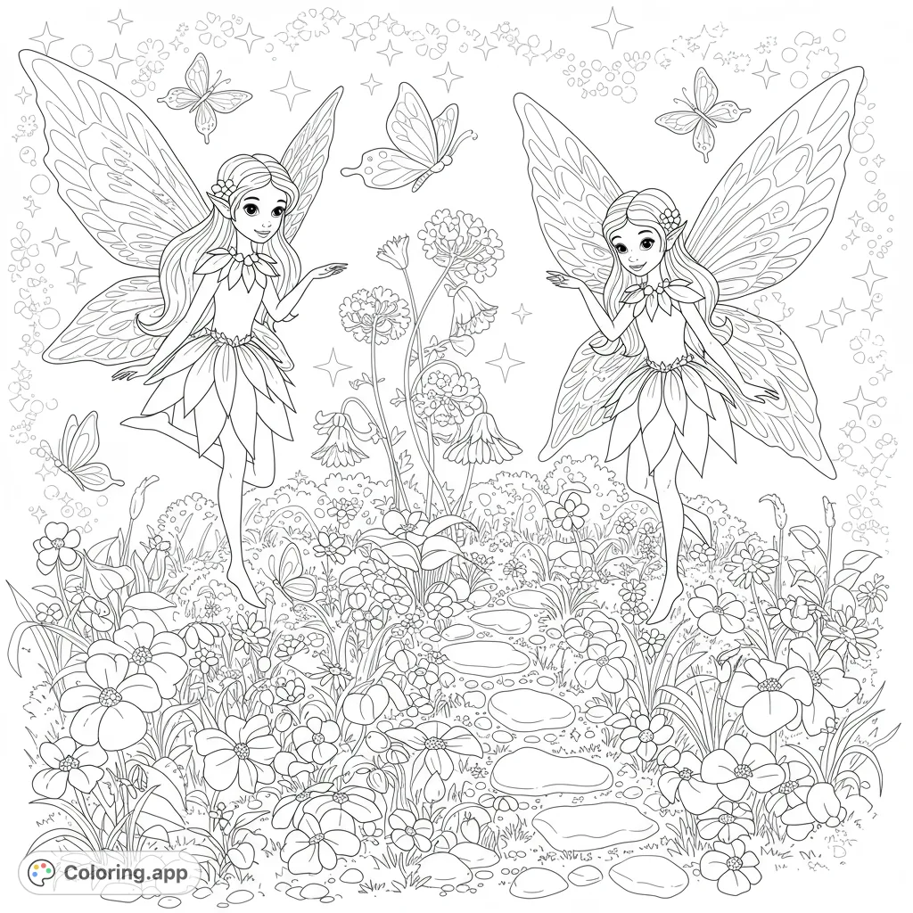Two enchanting fairies with delicate wings dance among vibrant flowers and fluttering butterflies on a magical garden path. A whimsical scene for all ages.