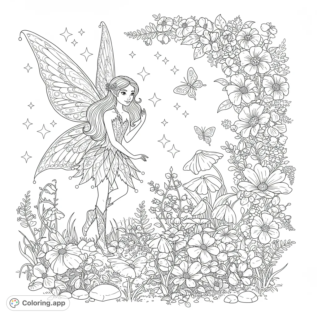 A beautiful fairy with intricate wings in a magical garden, surrounded by detailed flowers, butterflies, and sparkling stars. A whimsical fantasy scene.