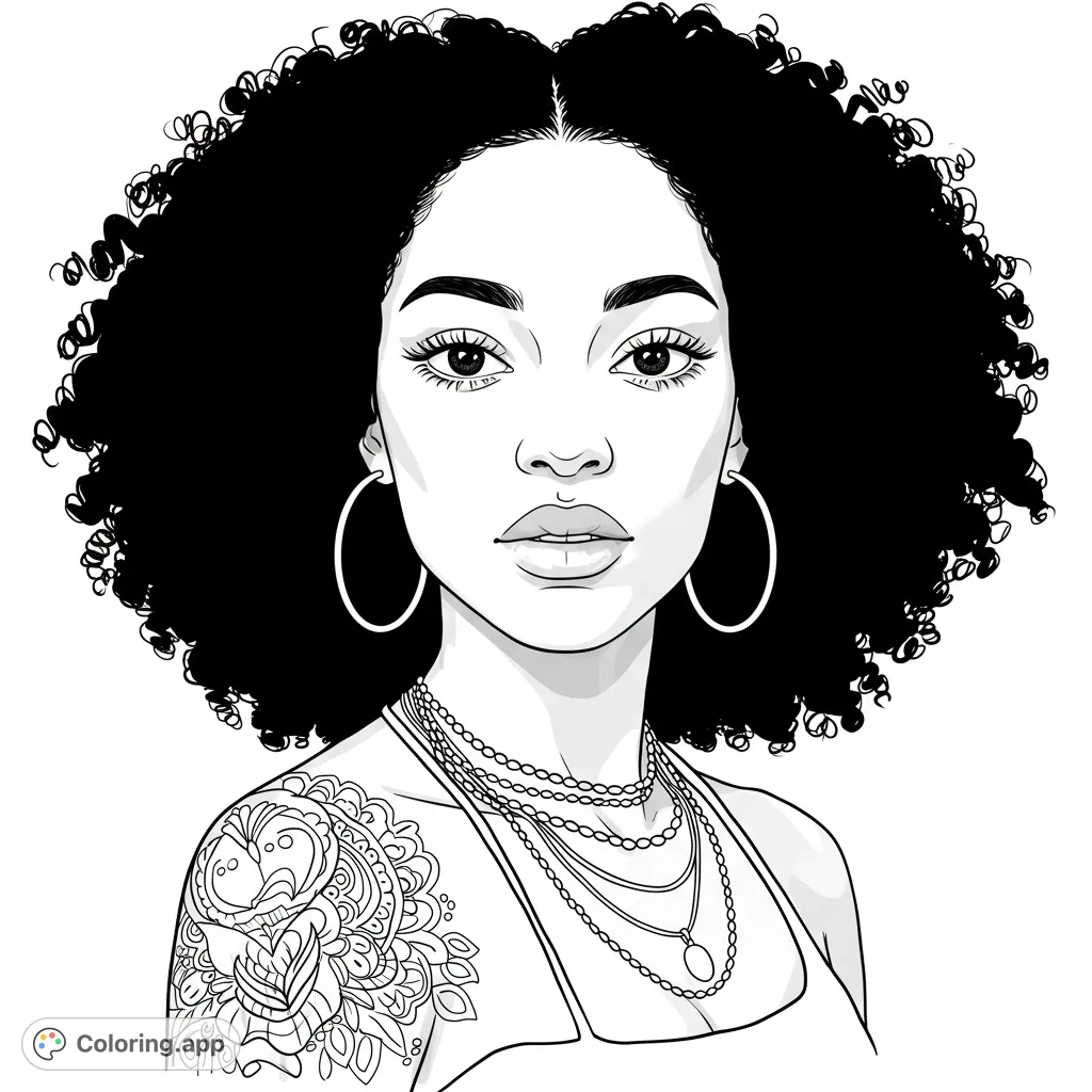 Stunning portrait of a woman with a voluminous afro, intricate tattoo, and layered necklaces. A beautiful free printable coloring page for all ages.