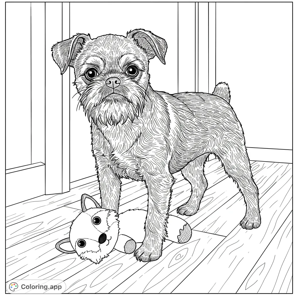 An adorable Brussels Griffon puppy stands with its plush toy on a wooden floor. A charming free printable dog coloring page for all ages.