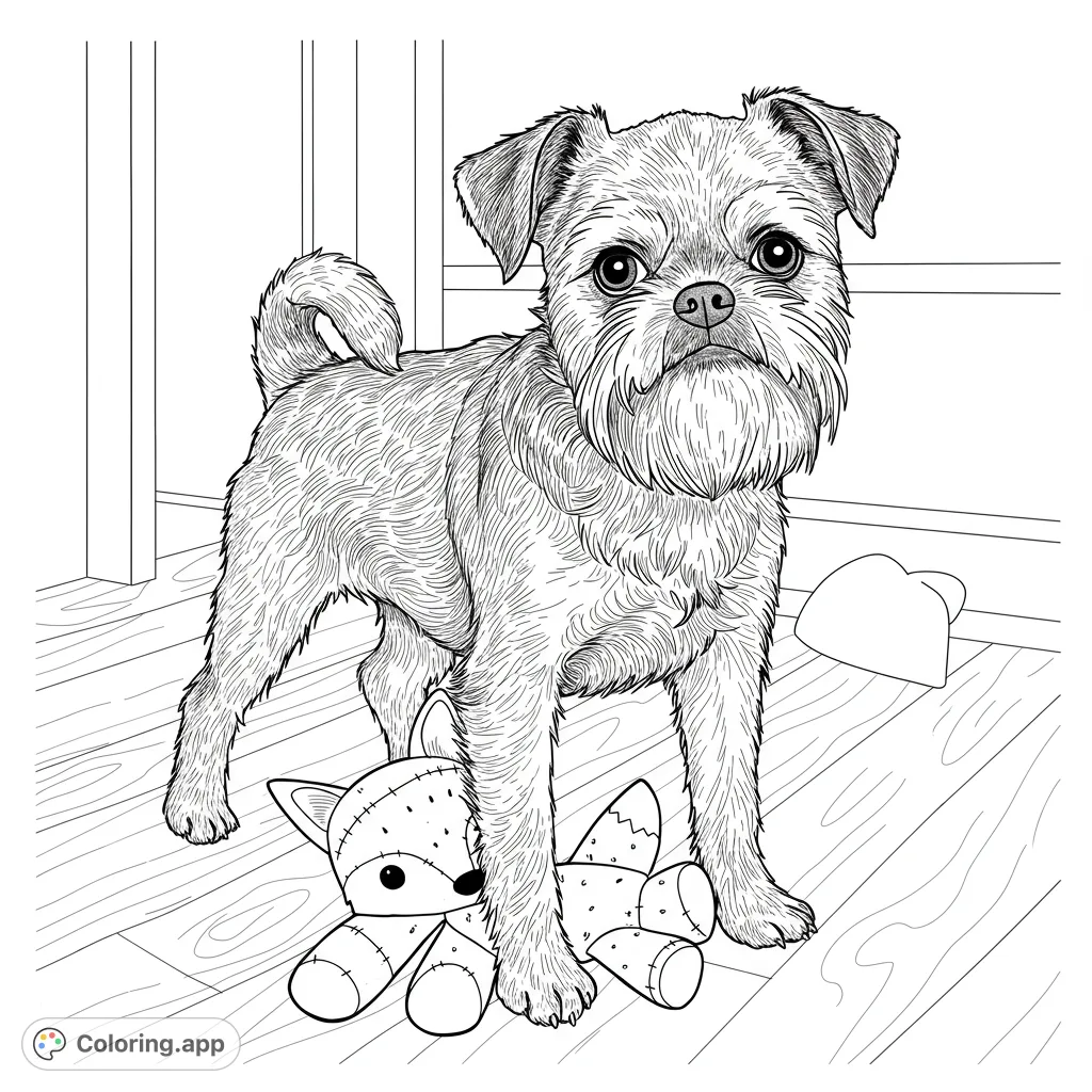Adorable scruffy terrier dog with a plush toy, perfect for a free printable dog coloring page. A cute animal coloring page for kids and adults.