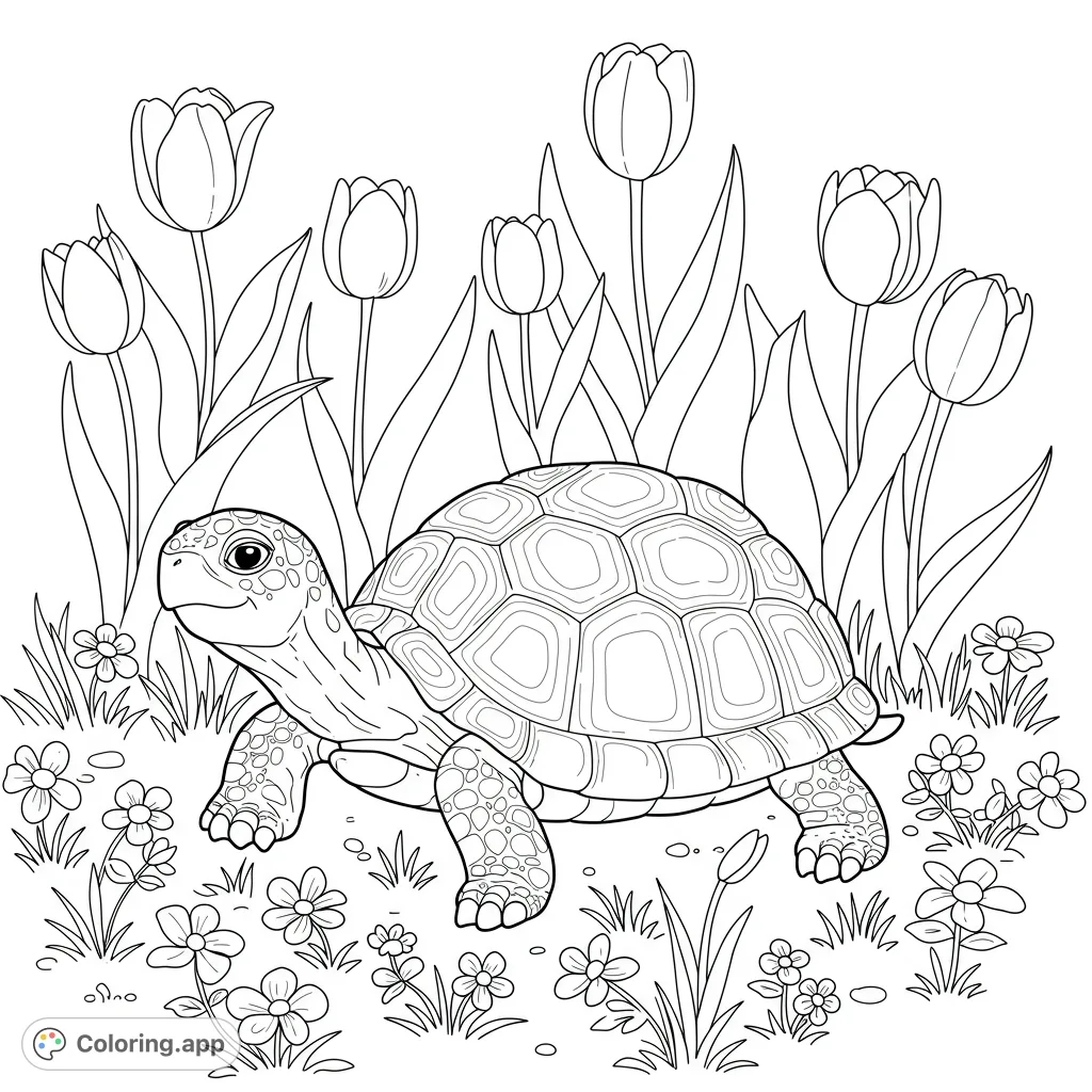 A charming tortoise explores a vibrant garden filled with blooming tulips and wildflowers. A delightful nature scene for all ages, perfect for a free printable coloring page.