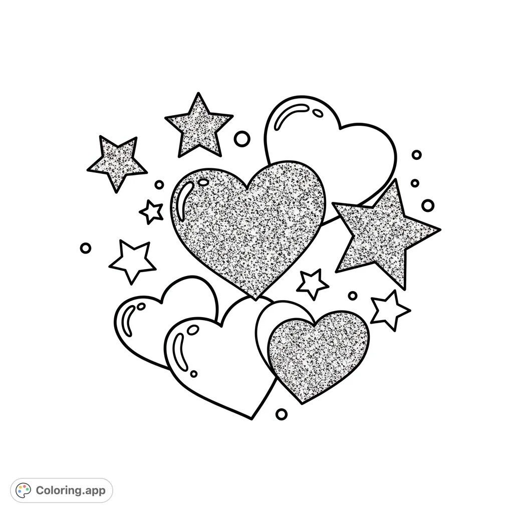 A delightful hearts and stars coloring page, perfect for expressing love and joy. Features a charming cluster of outlined and glitter-textured shapes.