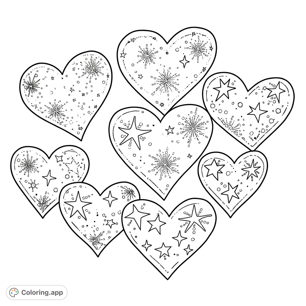 A delightful collection of overlapping hearts, each filled with intricate stars, bursts, and dot patterns, perfect for a magical coloring experience.