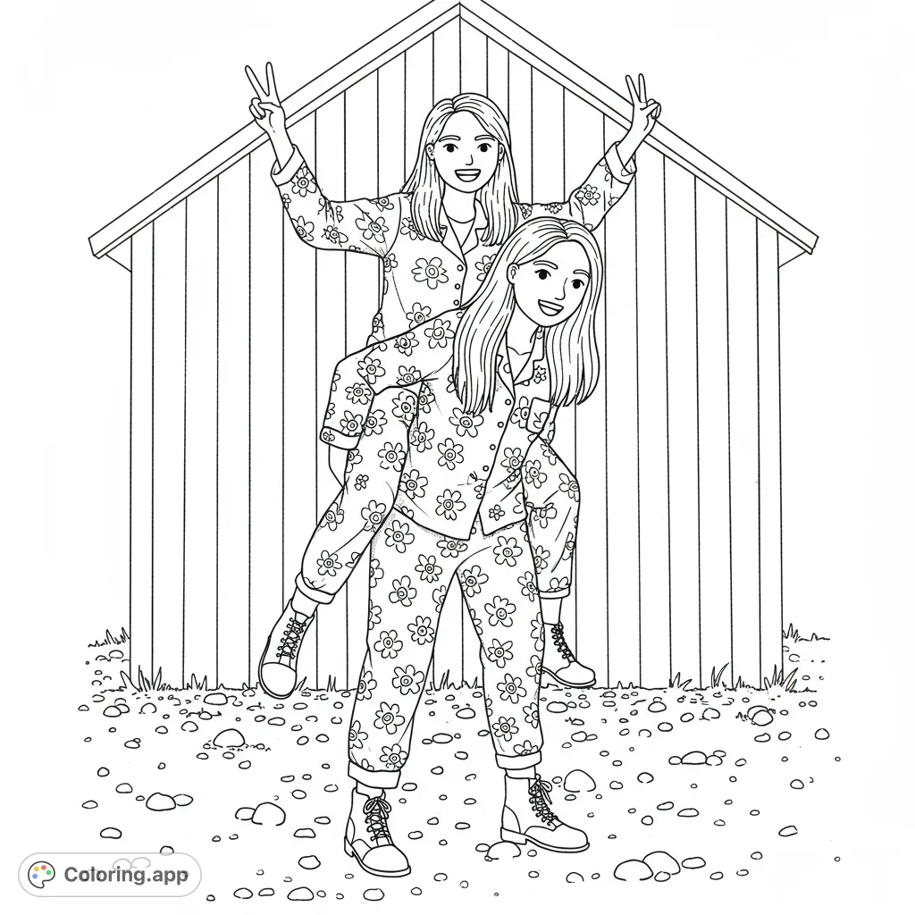 Two smiling friends in floral pajamas enjoy a piggyback ride against a rustic shed. A fun, free printable pajama party coloring page for all ages.