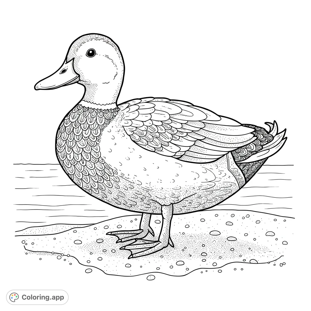 A detailed duck coloring page featuring a graceful duck standing on a textured shore with water in the background. Perfect for nature lovers.
