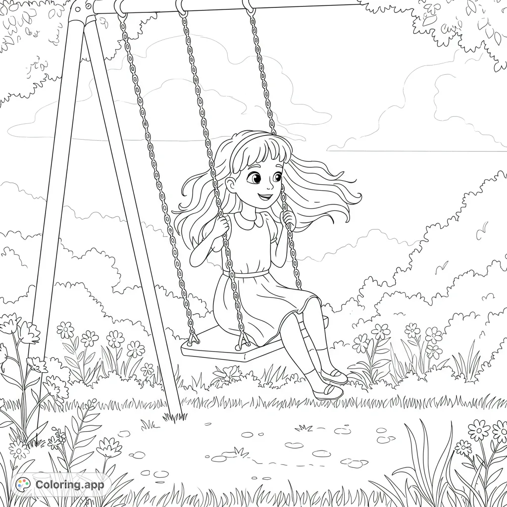 A happy girl on a swing, hair flowing, surrounded by flowers and nature. A delightful free printable coloring page for kids.