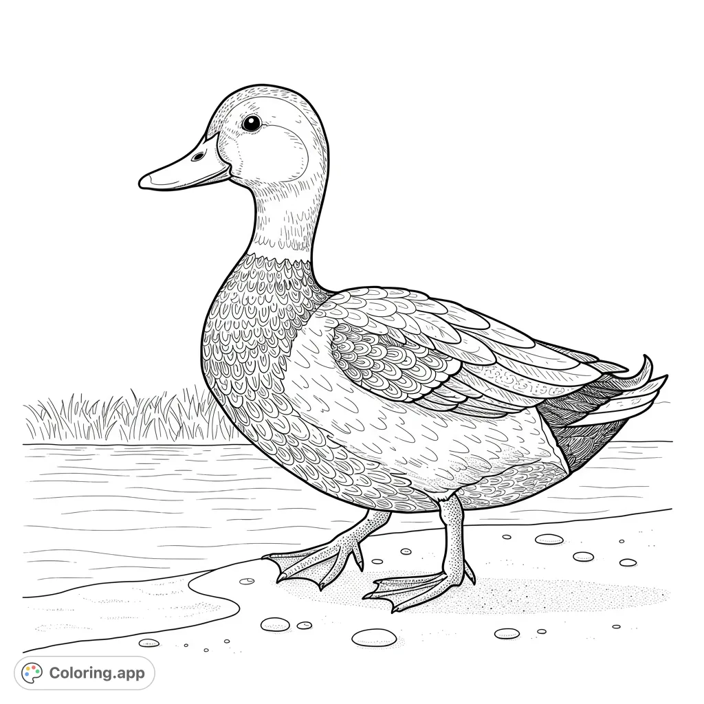 A detailed duck stands by a pond with grass and pebbles. A free printable duck coloring page, perfect for kids and adults.