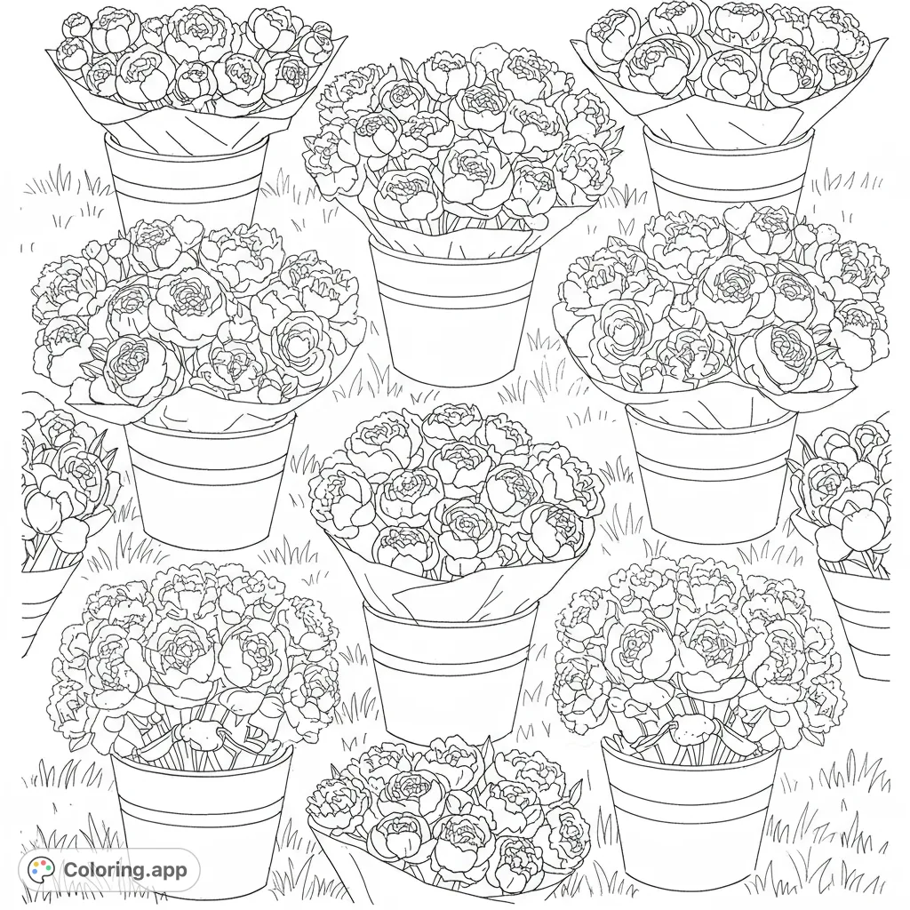 A charming flower market coloring page featuring numerous lush bouquets of peonies or roses in buckets, perfect for floral enthusiasts.