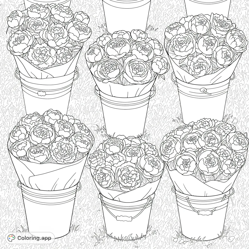 Beautiful peony bouquets in rustic buckets, set against a grassy backdrop. A delightful floral coloring page for all ages, perfect for spring and garden lovers.