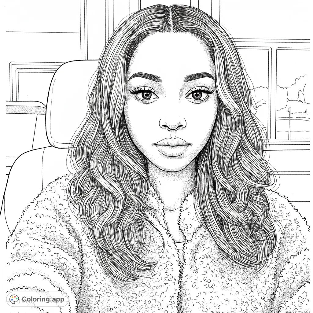 A captivating portrait of a young woman with flowing wavy hair and expressive eyes, perfect for detailed coloring. Features a textured jacket and simple background.