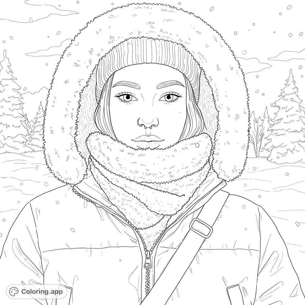 A cozy winter portrait featuring a person bundled in a fur-lined hood and scarf amidst a snowy landscape. Perfect for a free printable winter coloring page.