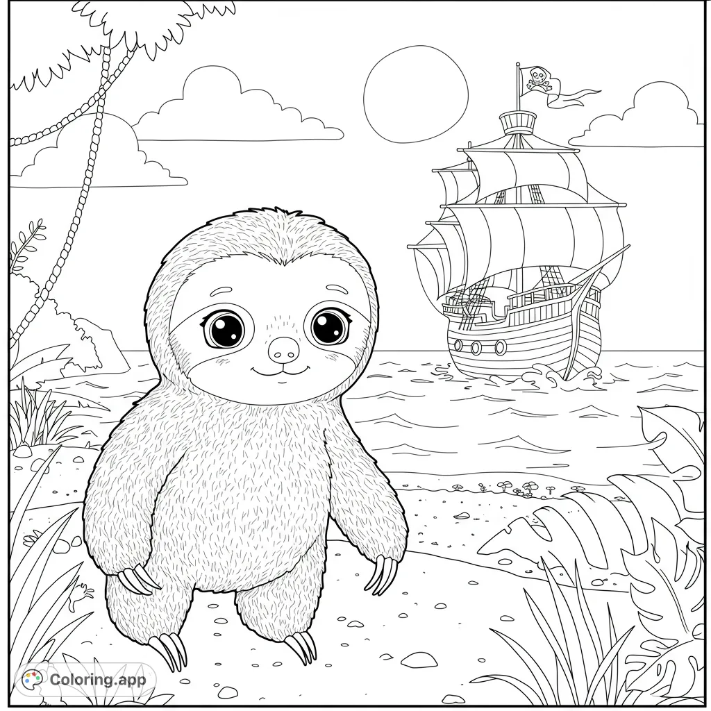 An adorable sloth on a tropical beach with a pirate ship sailing the ocean. A fun, free printable sloth coloring page for kids and adults.