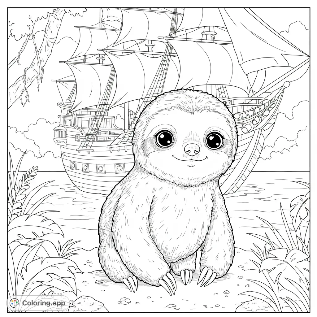 An adorable baby sloth sits on a tropical beach, gazing forward, with a grand pirate ship sailing on the ocean behind it. A charming adventure scene.