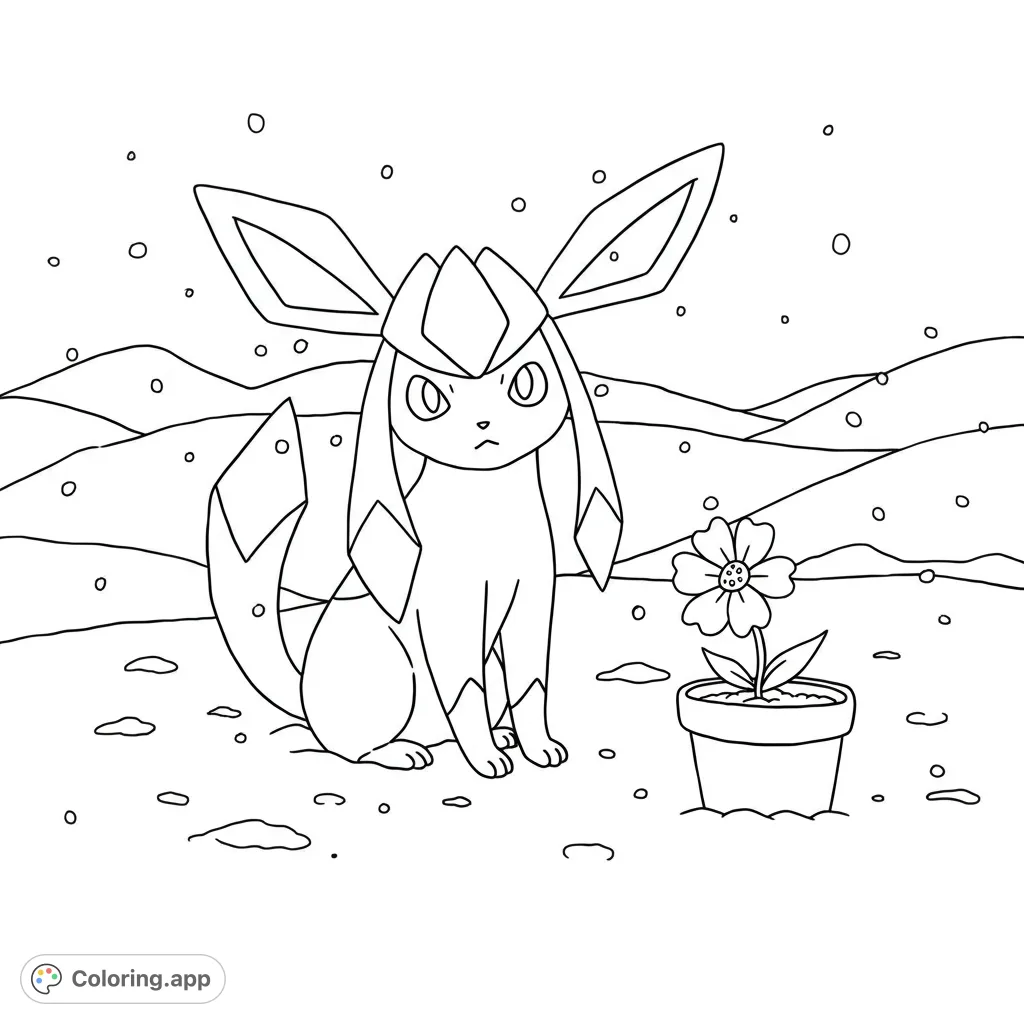 A charming Glaceon-like creature sits in a snowy landscape beside a potted flower, perfect for a winter-themed coloring page.