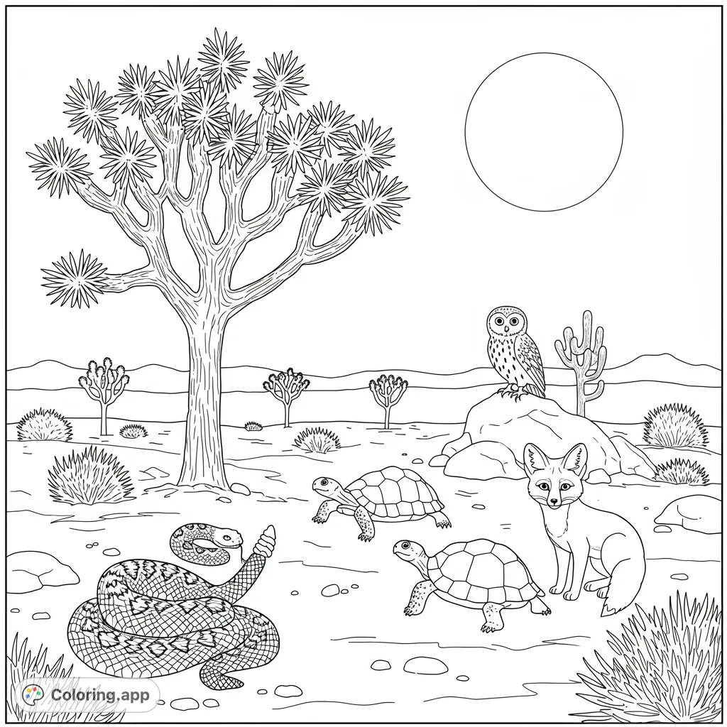 Explore a desert oasis with a Joshua tree, rattlesnake, tortoises, fennec fox, and owl. A free printable desert animals coloring page.
