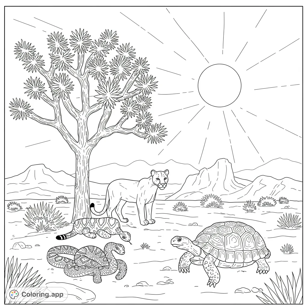Explore a desert oasis with a majestic Joshua tree, a mountain lion, two rattlesnakes, and a tortoise under a radiant sun. A free printable desert animals coloring page.