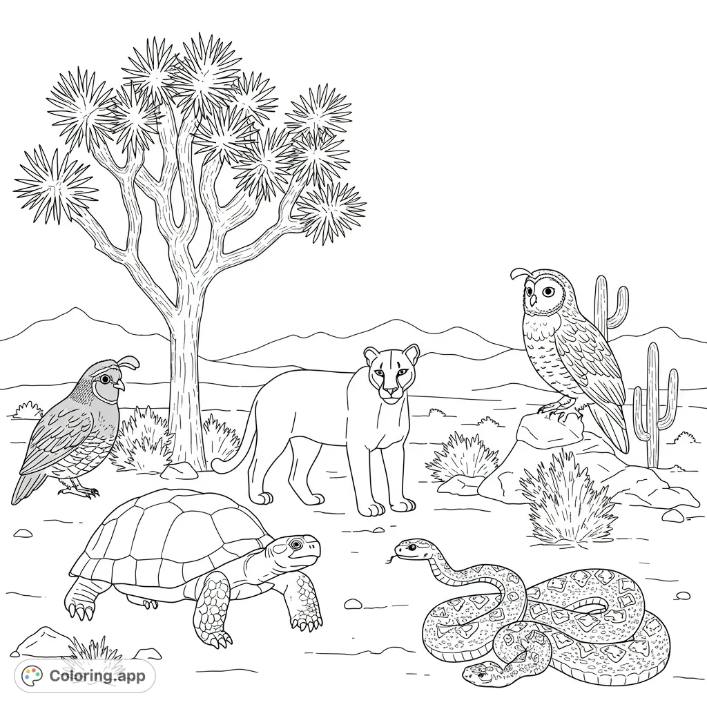 Explore a vibrant desert scene featuring a mountain lion, owl, tortoise, quail, and rattlesnake amidst a Joshua tree and cacti. A free printable desert coloring page.