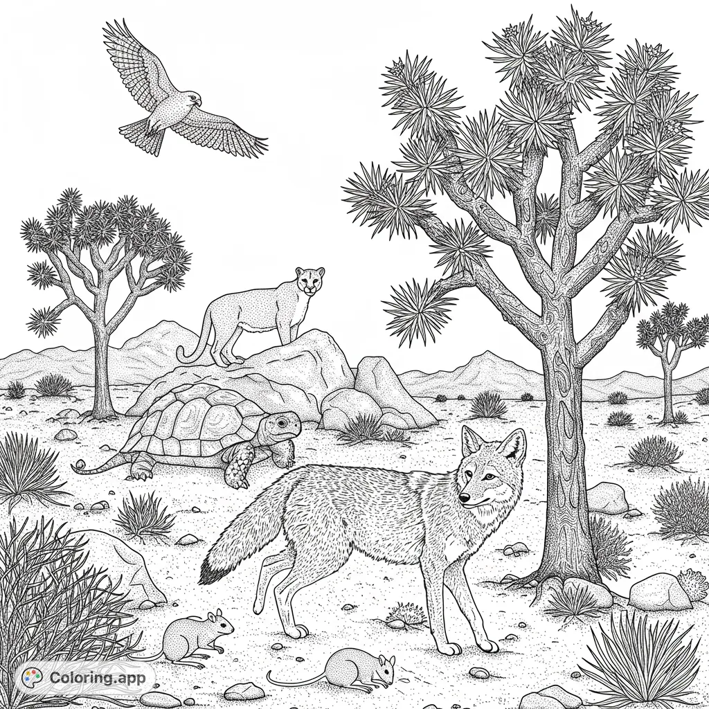 Explore a vibrant desert ecosystem featuring a coyote, tortoise, mountain lion, hawk, and mice amidst Joshua trees and rocky landscapes. A free printable desert coloring page for all ages.