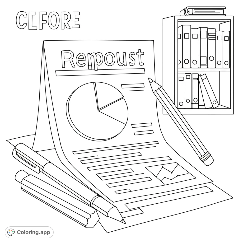 A detailed business and office-themed coloring page featuring a report with charts, writing tools, and a bookshelf, perfect for all ages.