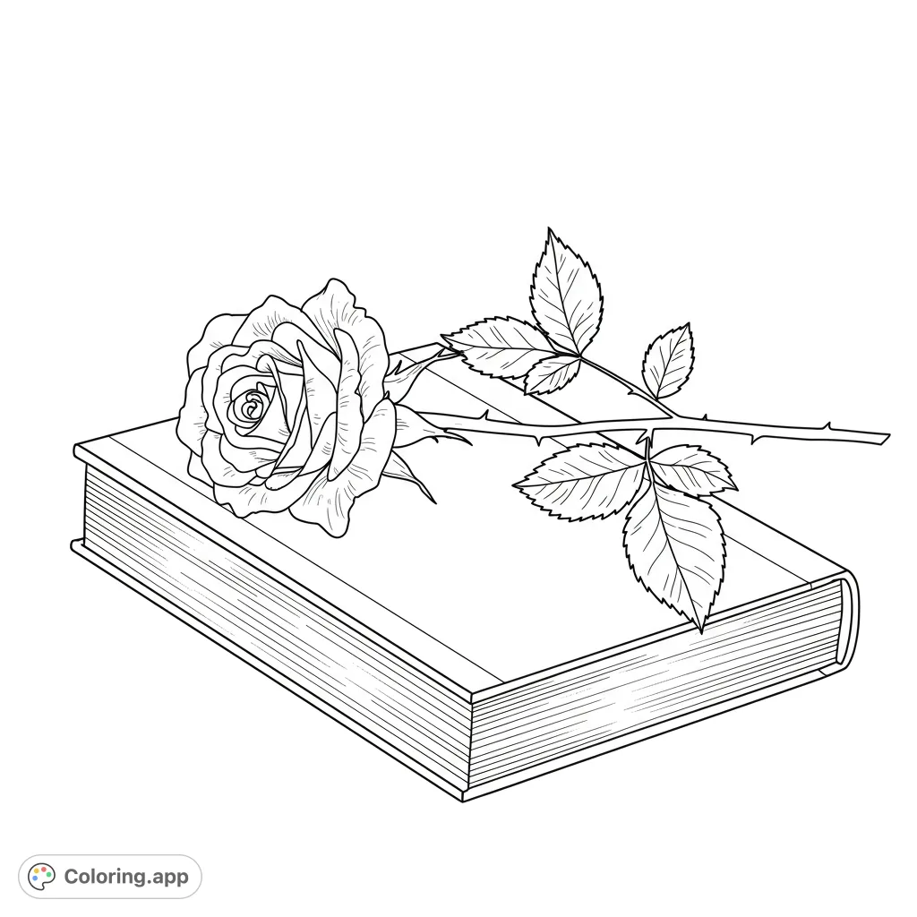 An elegant rose with a thorny stem and leaves rests atop a closed book. A beautiful rose and book coloring page for all ages.