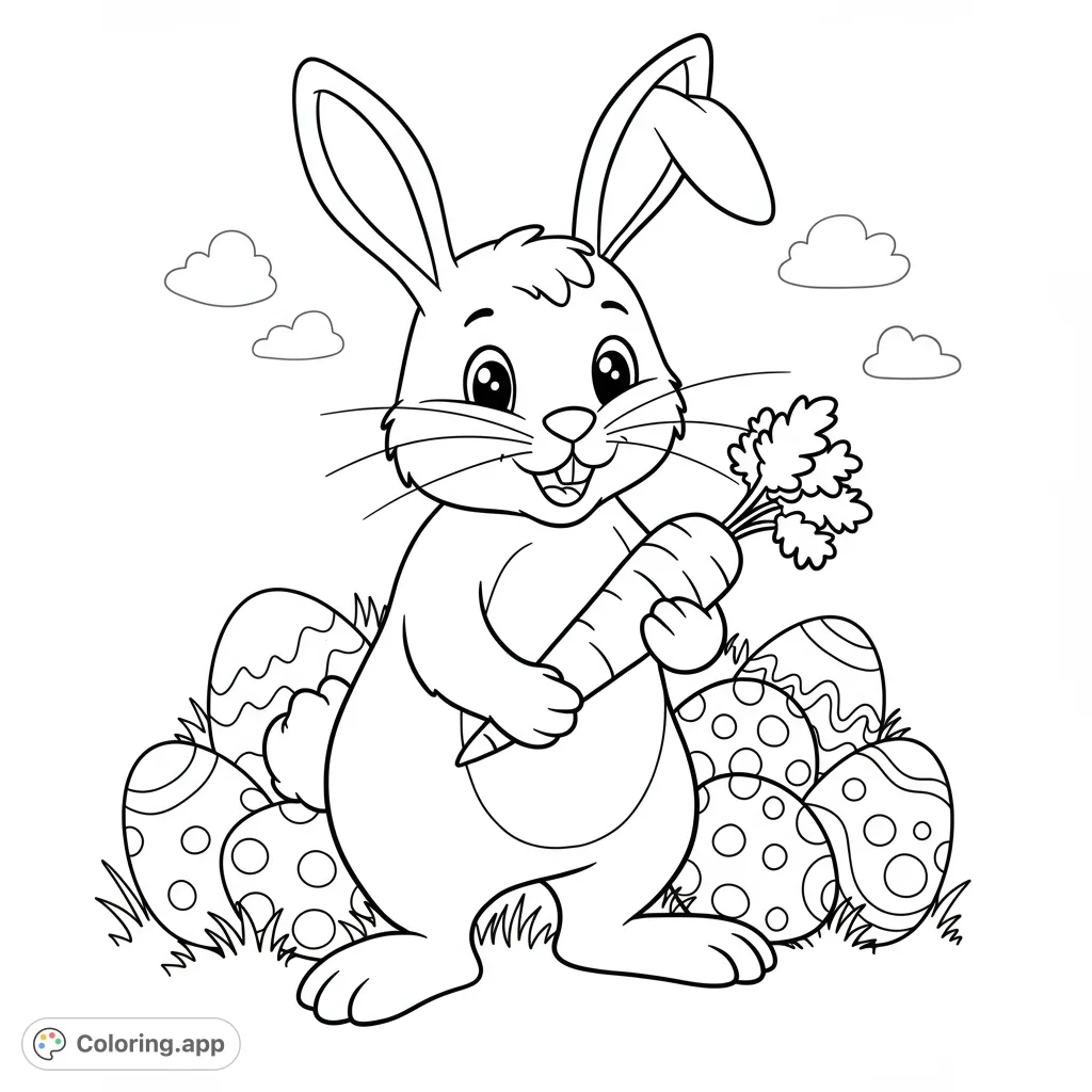 A delightful Easter bunny holds a carrot amidst decorated eggs and grass. A charming free printable Easter bunny coloring page for kids and adults.