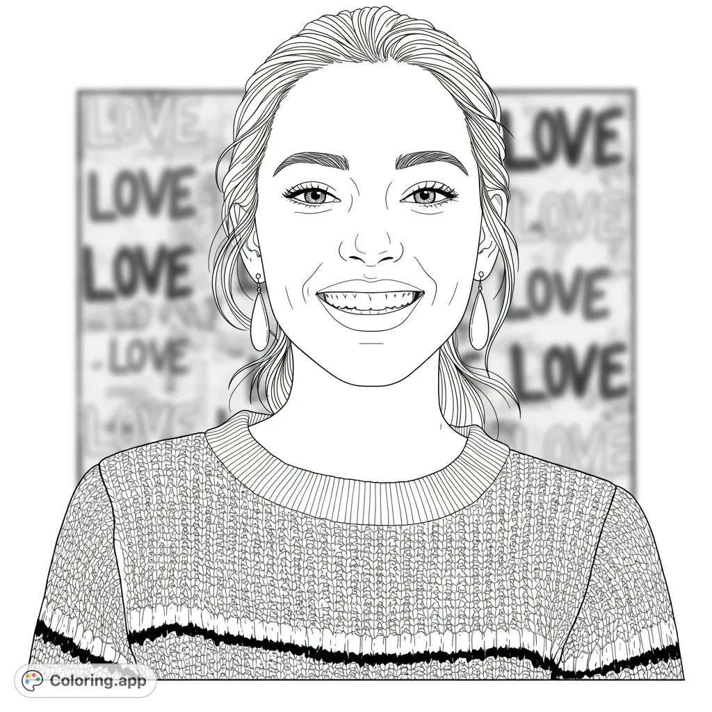A joyful woman with a wide smile and textured sweater, set against a background of repeating 'LOVE' patterns. A free printable portrait coloring page.