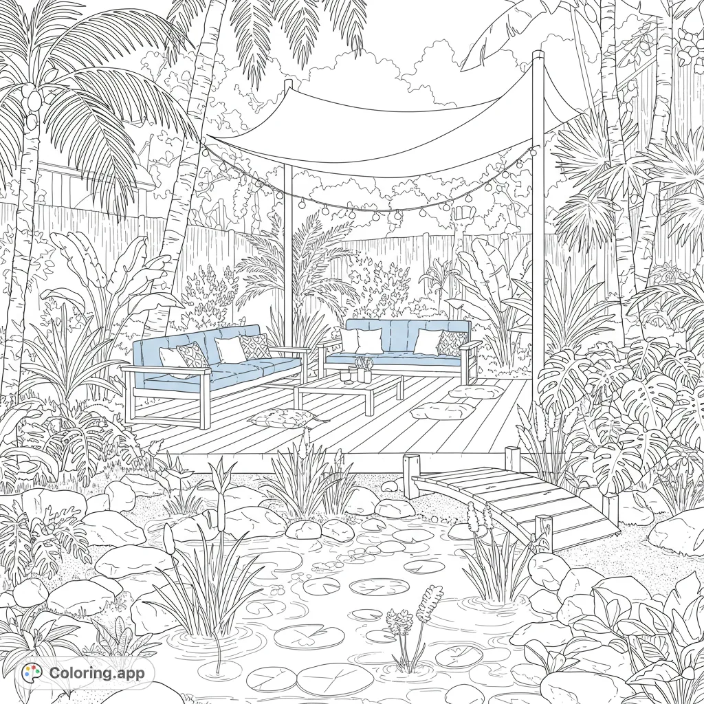 Immerse yourself in a tropical backyard oasis coloring page featuring a serene pond, cozy patio, and lush foliage. A free printable tropical paradise.