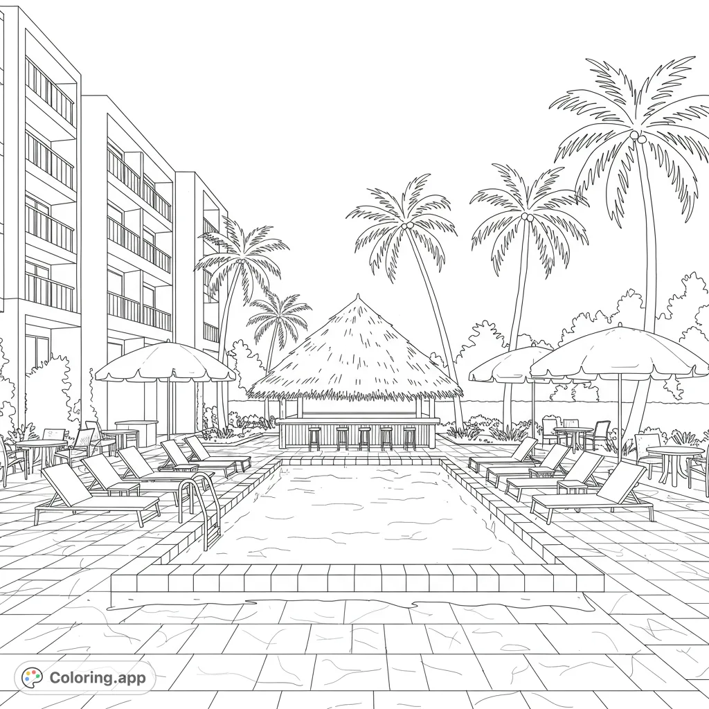 Escape to a tropical paradise with this resort pool coloring page, featuring a tiki bar, palm trees, and lounge chairs for a relaxing creative escape.